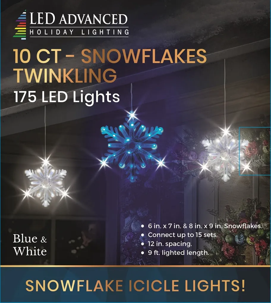 Set of 10 Twinkling LED Snowflake Icicle Lights