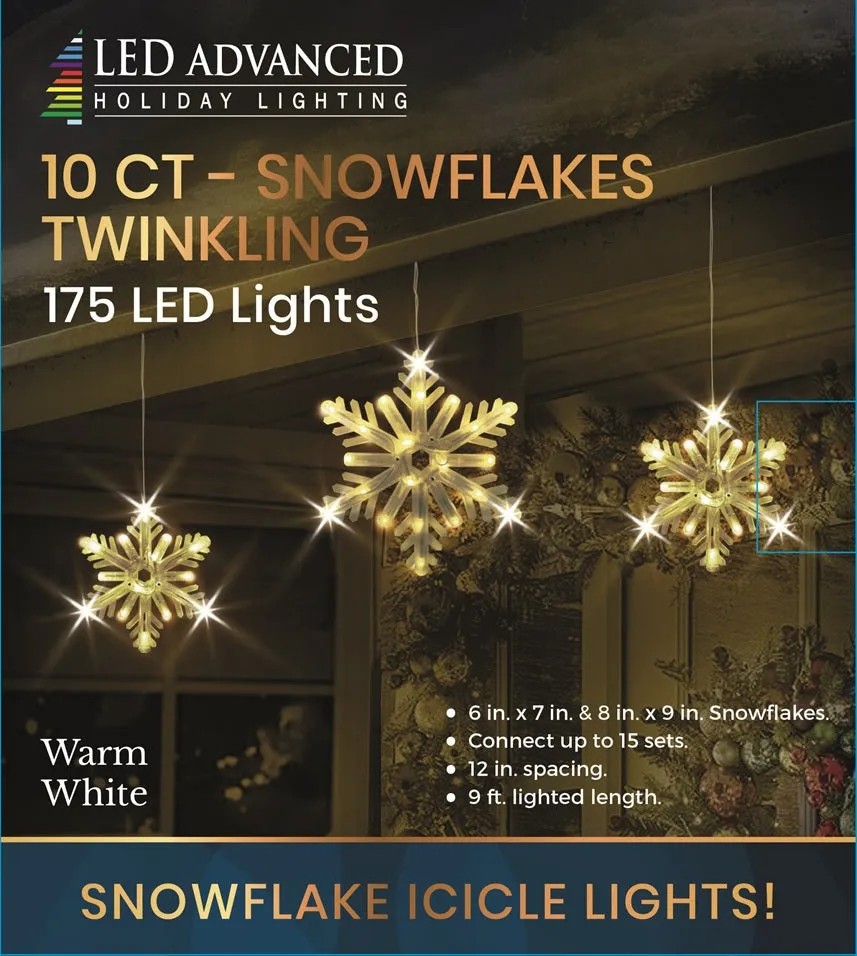 Set of 10 Twinkling LED Snowflake Icicle Lights