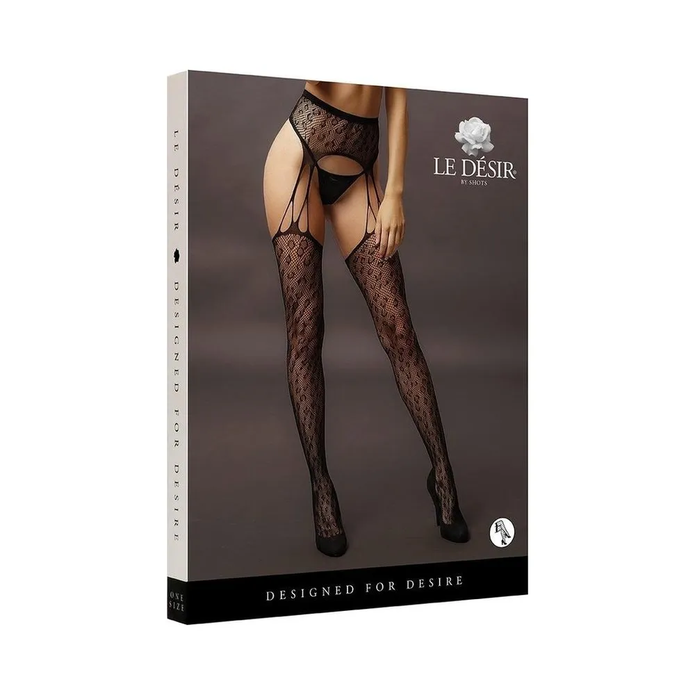 Shots Le Desir Suspender Leopard Bodystocking Os Black