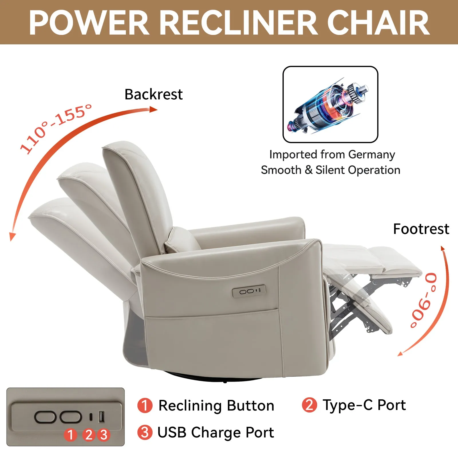 Spencer Swivel and Rocker Power Recliner Chair - Beige