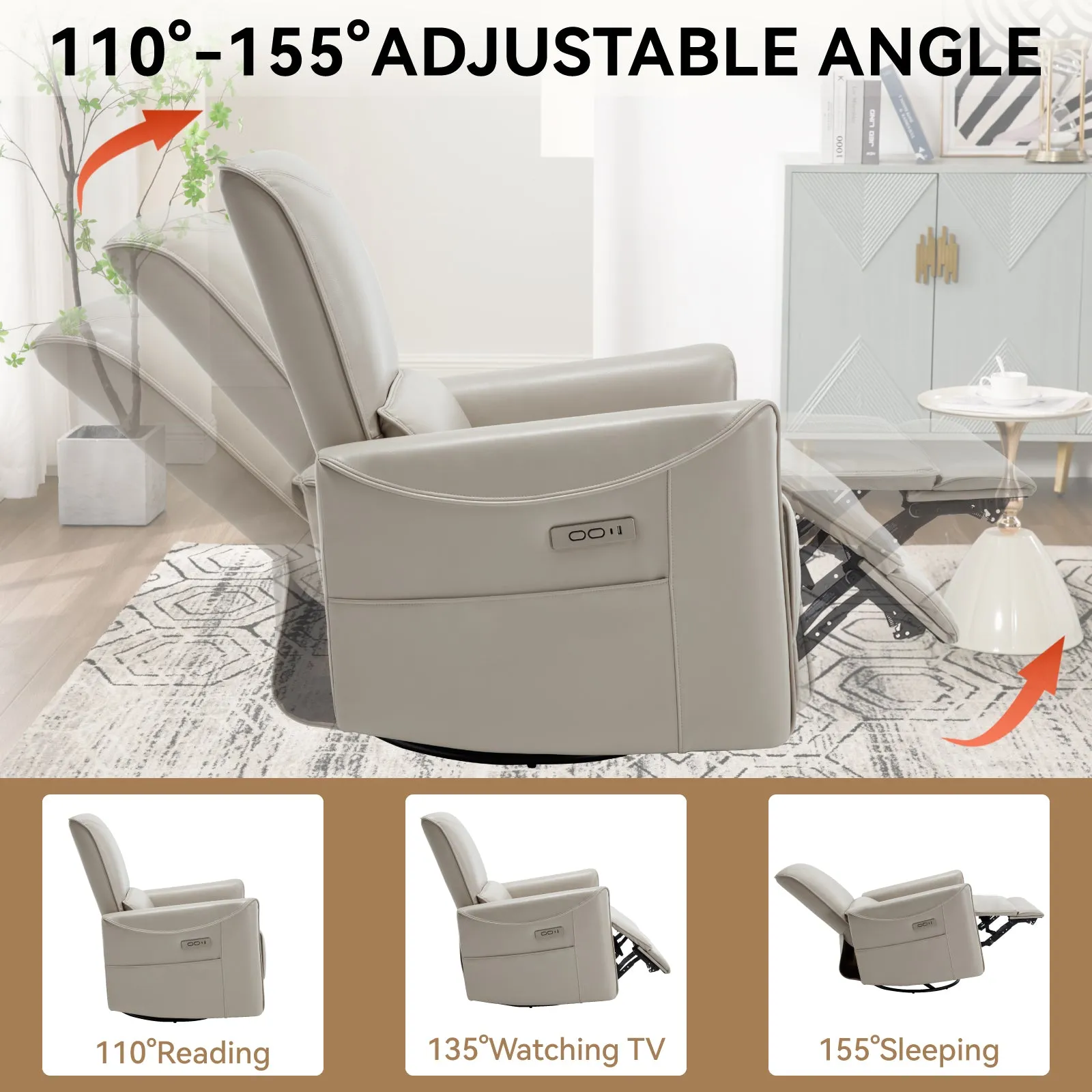 Spencer Swivel and Rocker Power Recliner Chair - Beige