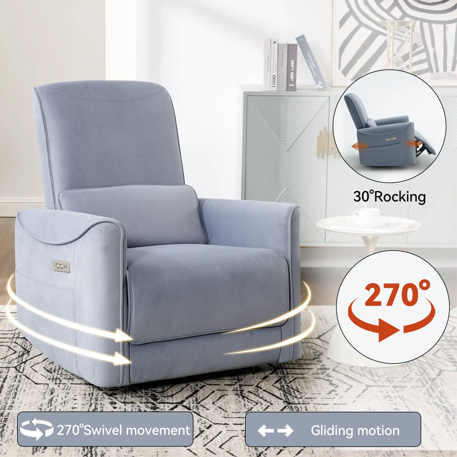 Spencer Swivel and Rocker Power Recliner Chair - Blue
