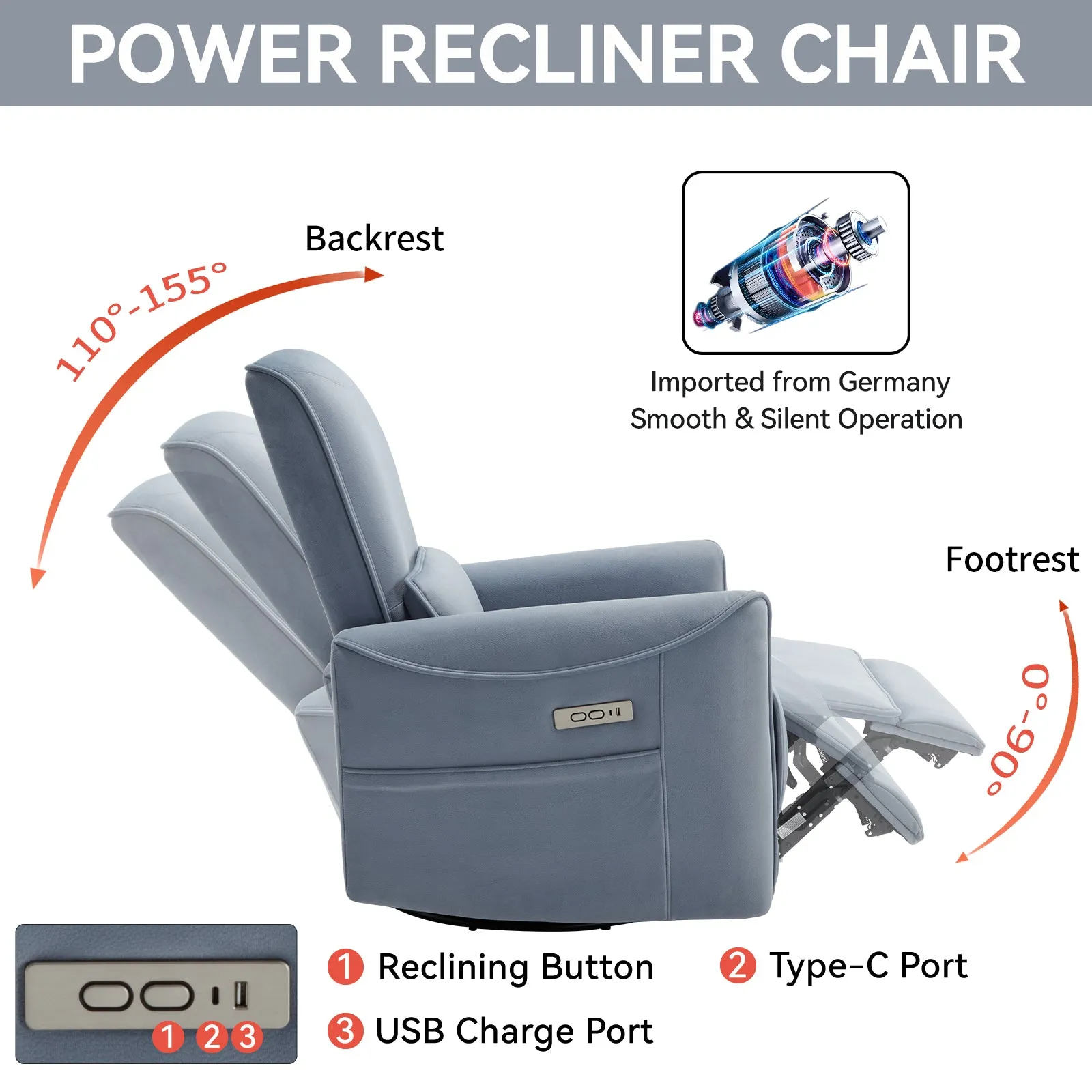 Spencer Swivel and Rocker Power Recliner Chair - Blue