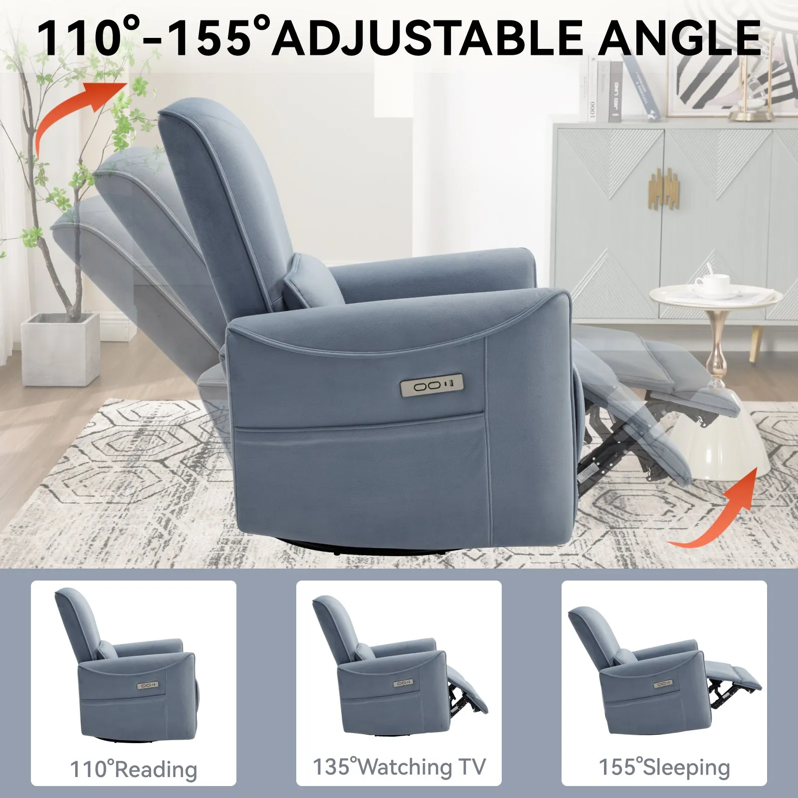 Spencer Swivel and Rocker Power Recliner Chair - Blue