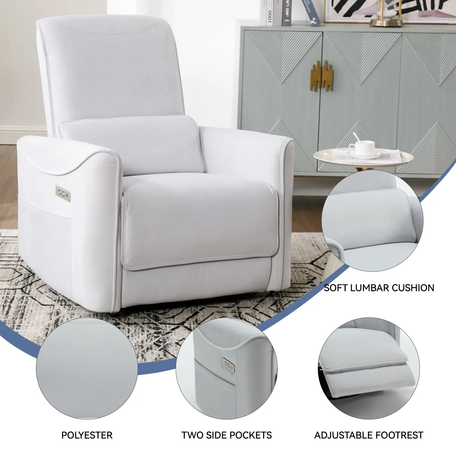 Spencer Swivel and Rocker Power Recliner Chair - White