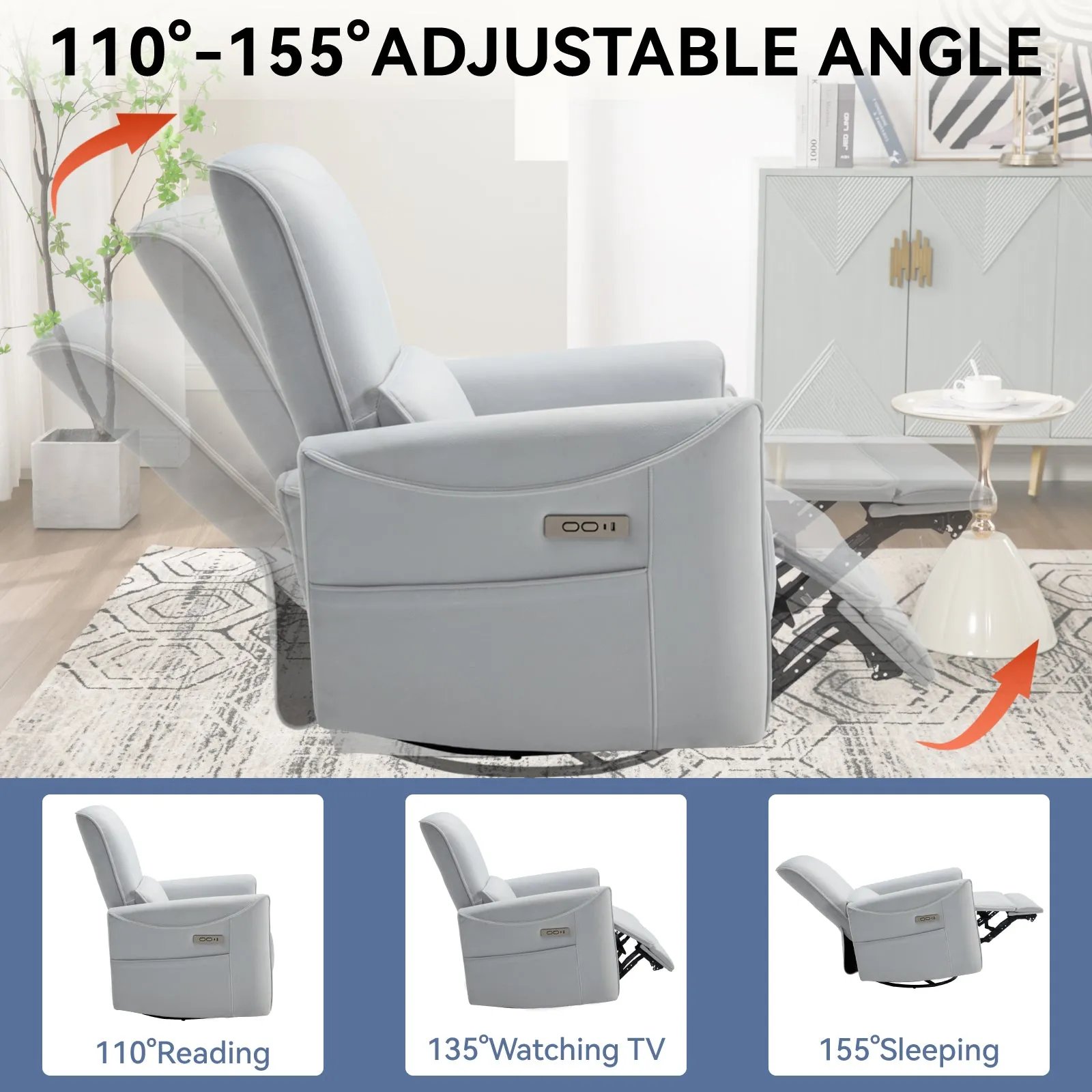 Spencer Swivel and Rocker Power Recliner Chair - White