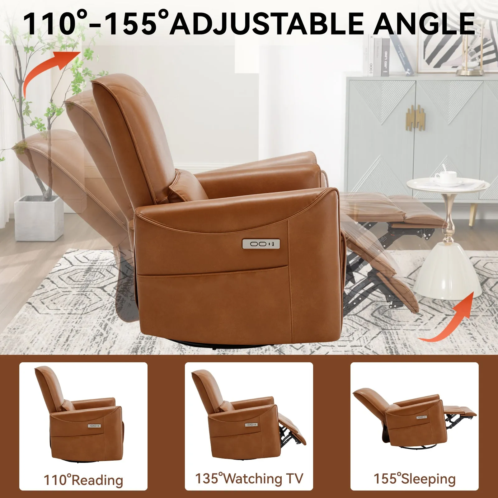 Spencer Swivel and Rocker Power Recliner Chair - Yellow Brown
