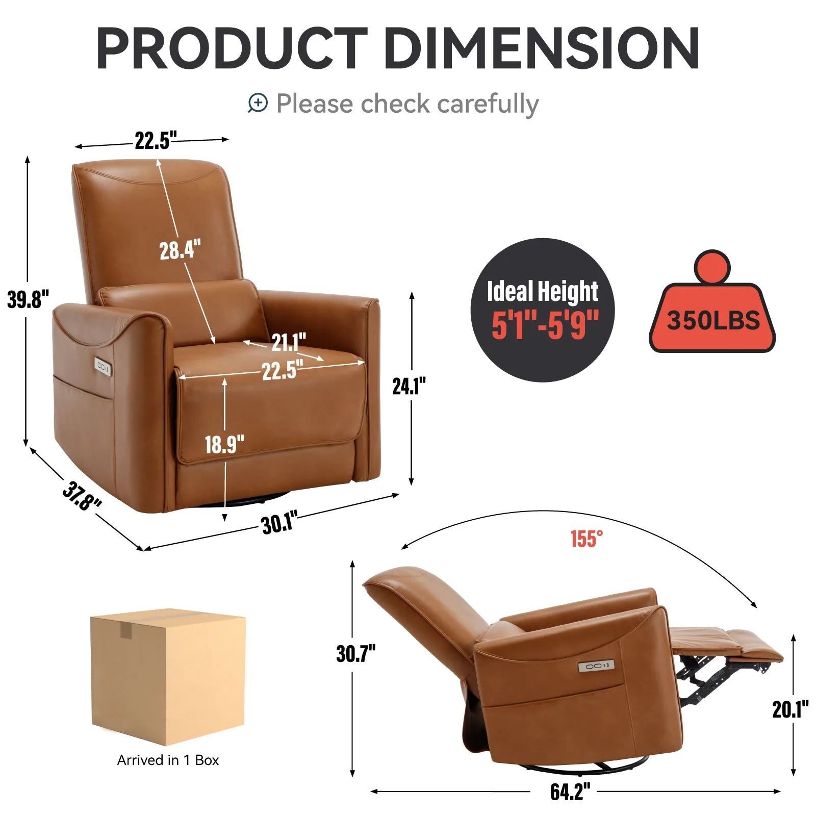 Spencer Swivel and Rocker Power Recliner Chair - Yellow Brown