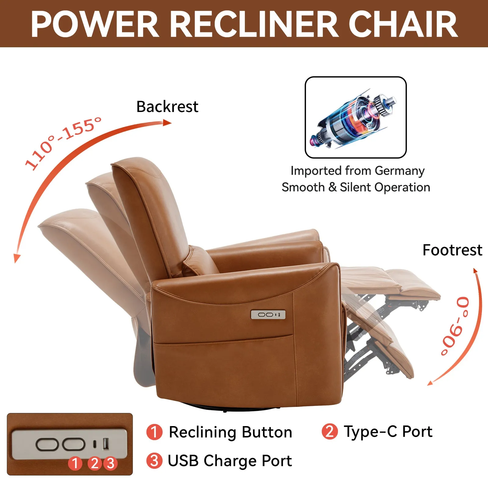 Spencer Swivel and Rocker Power Recliner Chair - Yellow Brown
