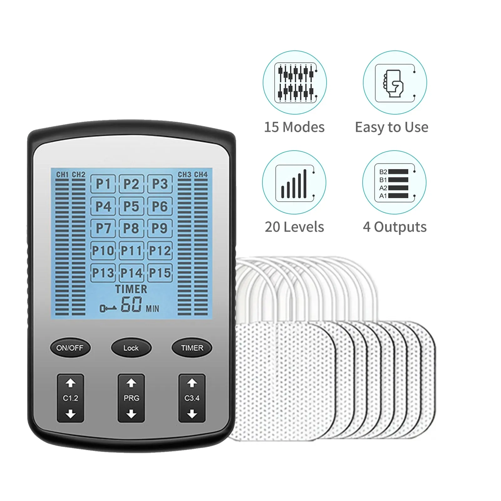 TENS EMS Muscle Stimulator - 15 Modes & 4 Outputs
