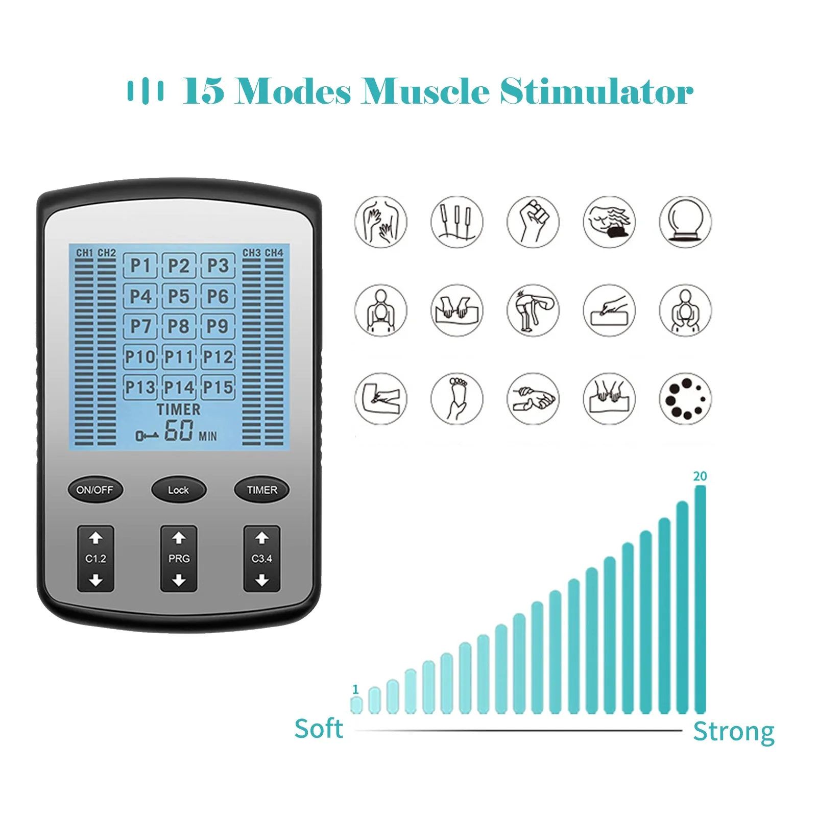 TENS EMS Muscle Stimulator - 15 Modes & 4 Outputs