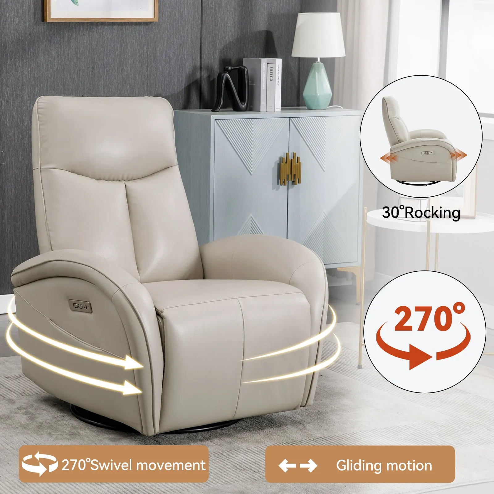 Vince Swivel and Rocker Power Recliner Chair - Beige