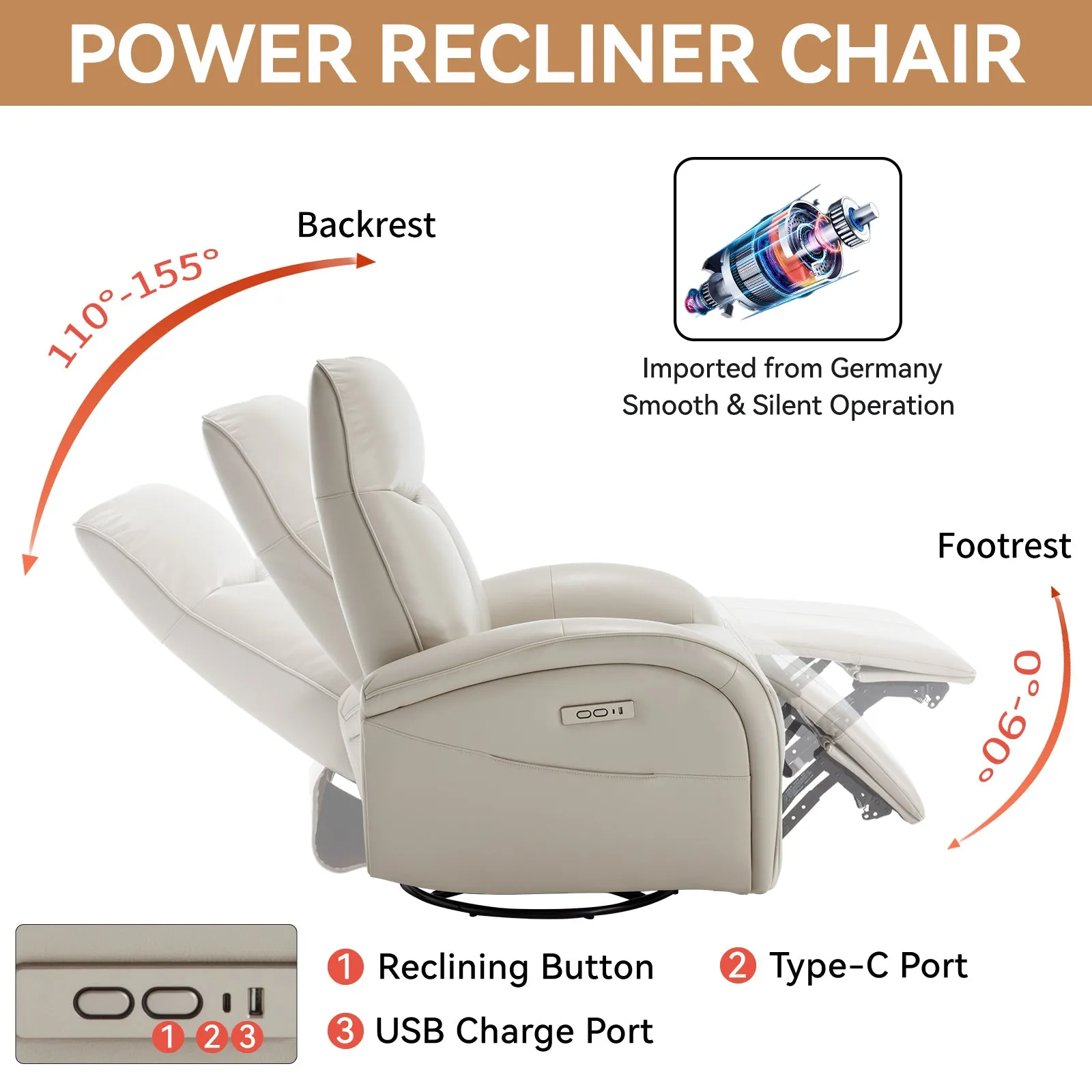 Vince Swivel and Rocker Power Recliner Chair - Beige