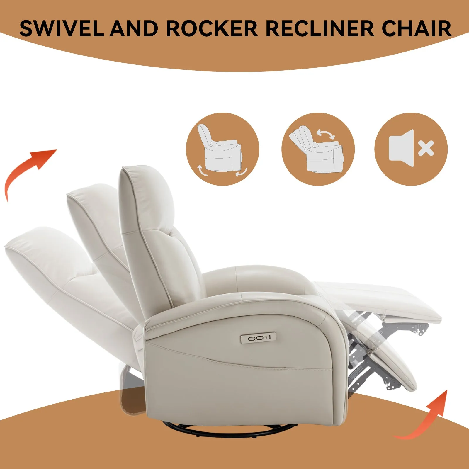 Vince Swivel and Rocker Power Recliner Chair - Beige