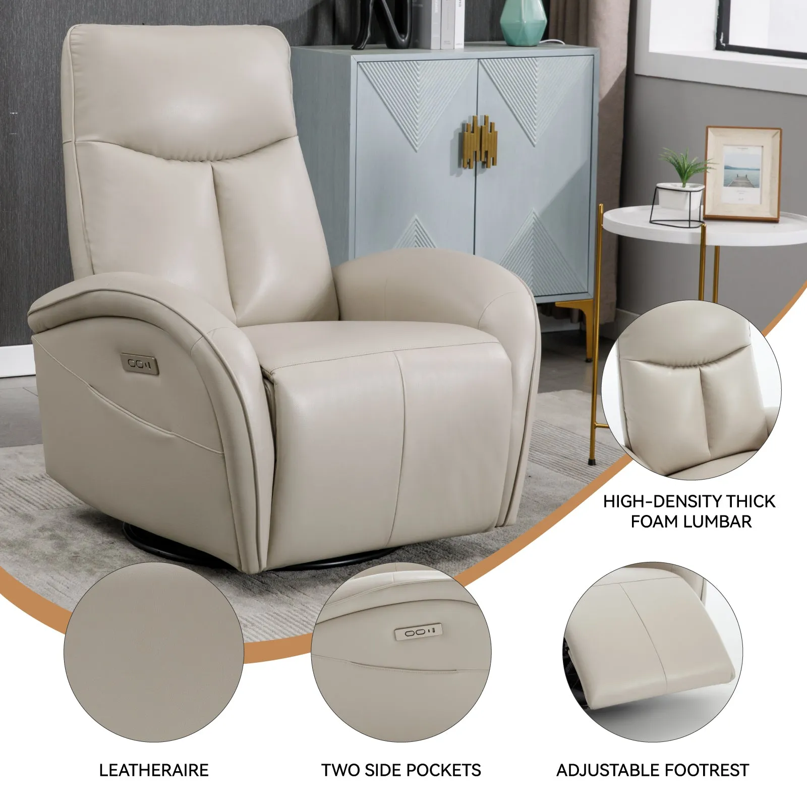 Vince Swivel and Rocker Power Recliner Chair - Beige