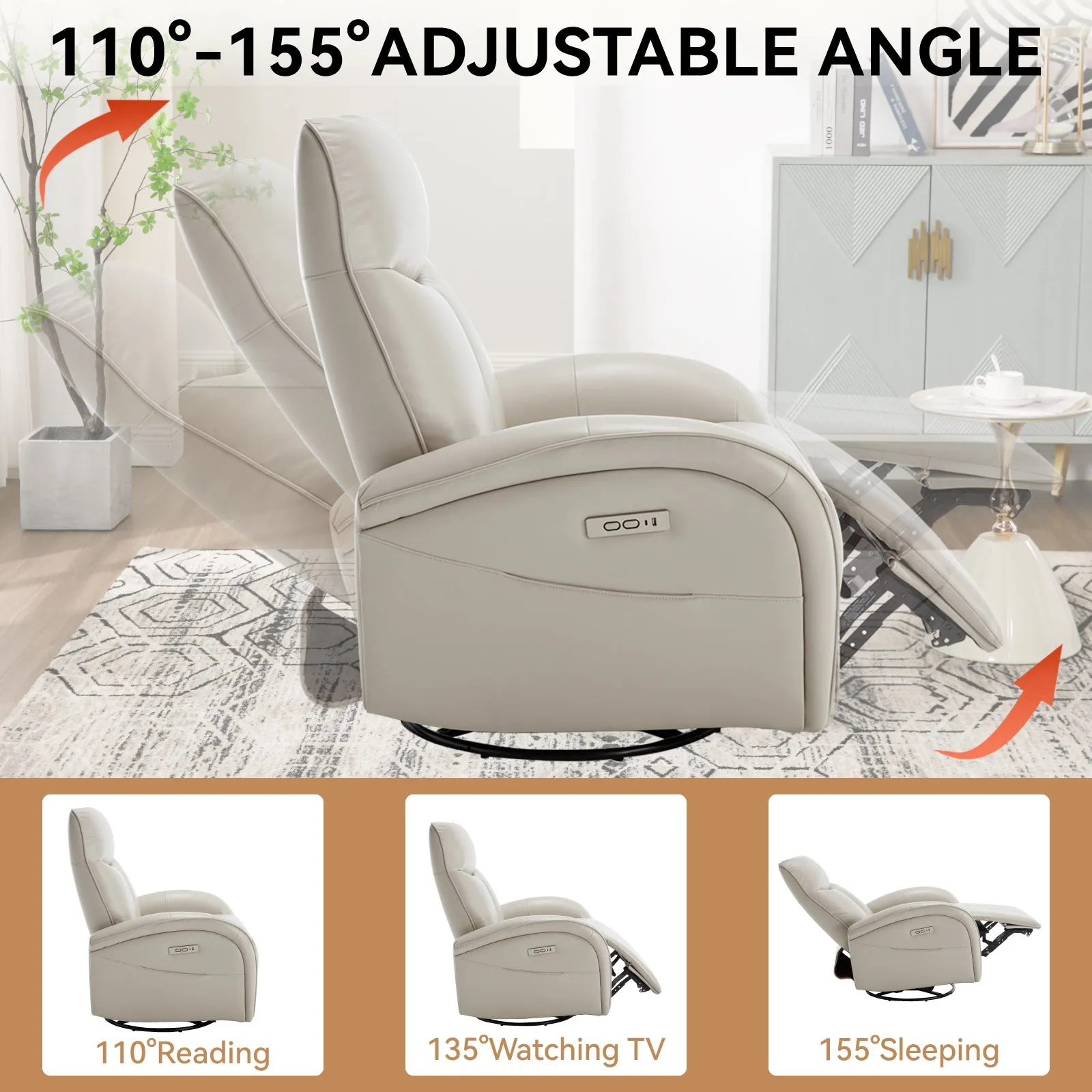 Vince Swivel and Rocker Power Recliner Chair - Beige