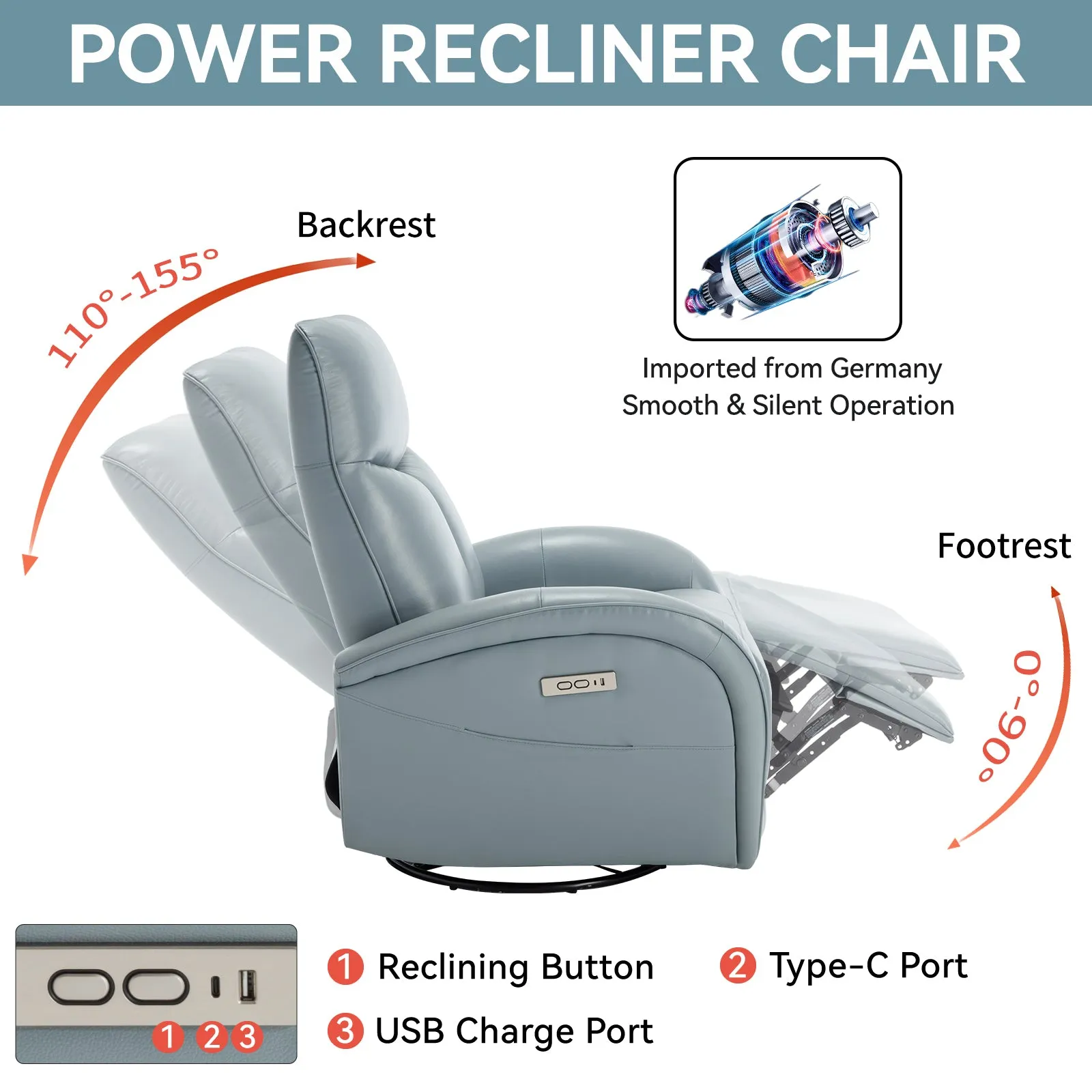 Vince Swivel and Rocker Power Recliner Chair - Blue