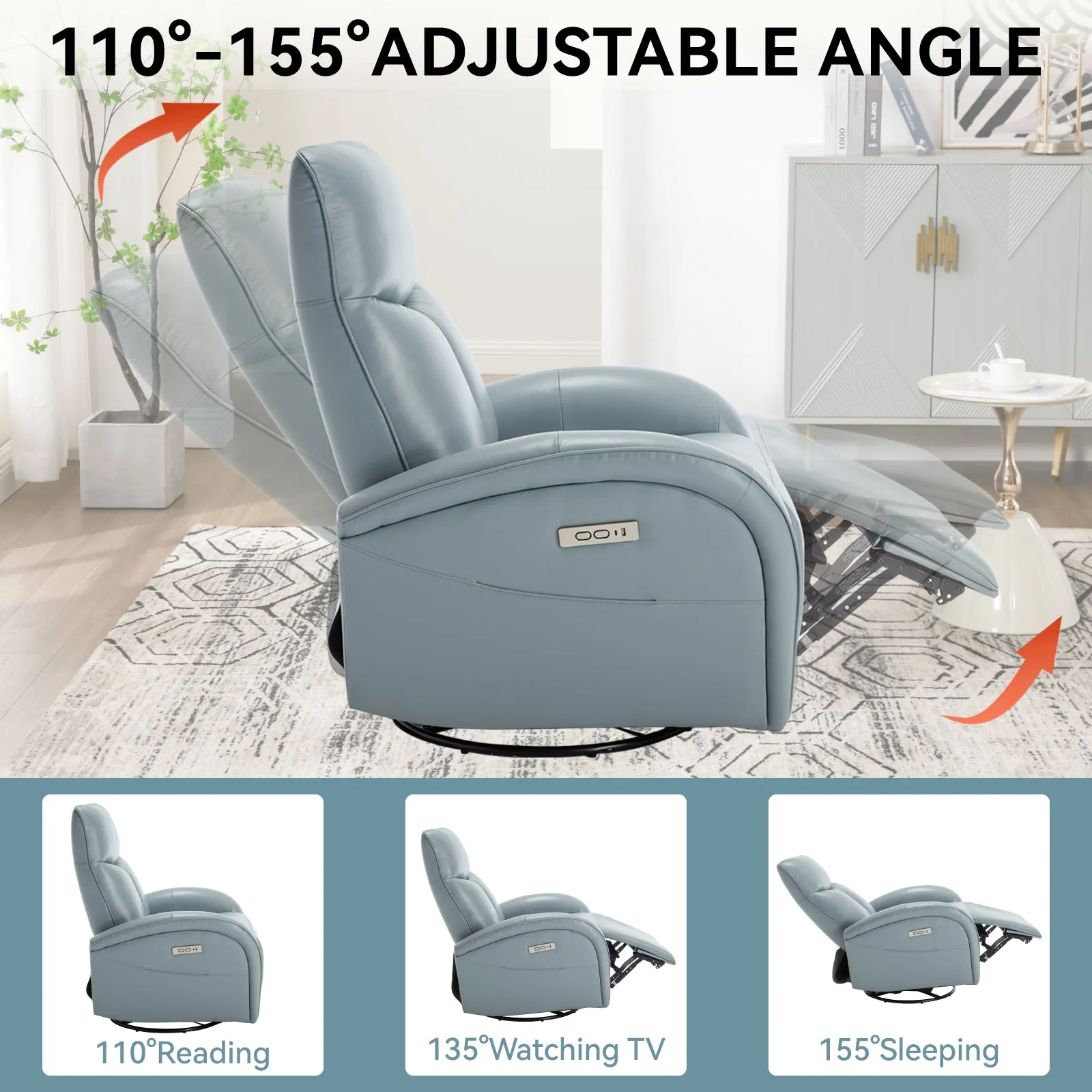 Vince Swivel and Rocker Power Recliner Chair - Blue