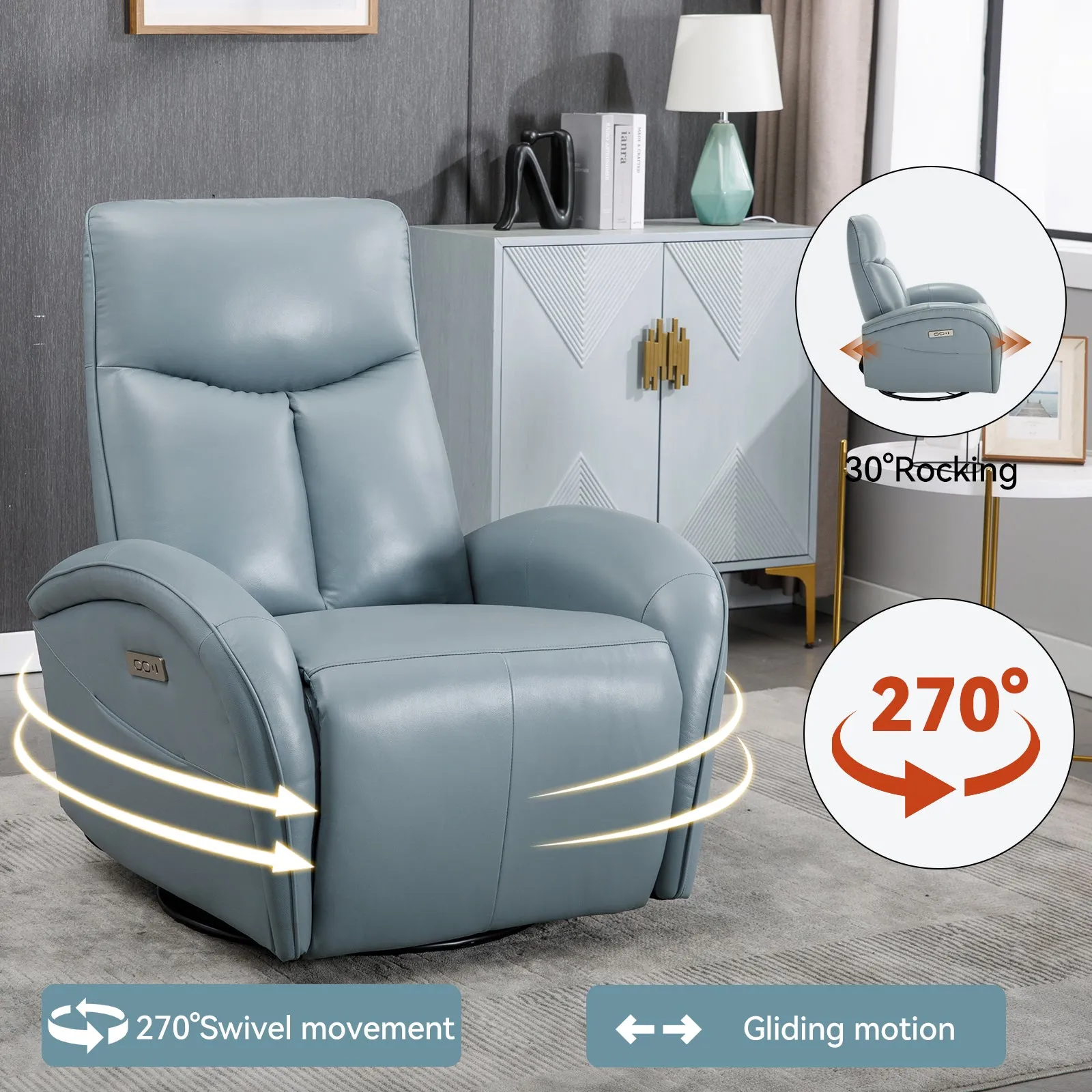 Vince Swivel and Rocker Power Recliner Chair - Blue