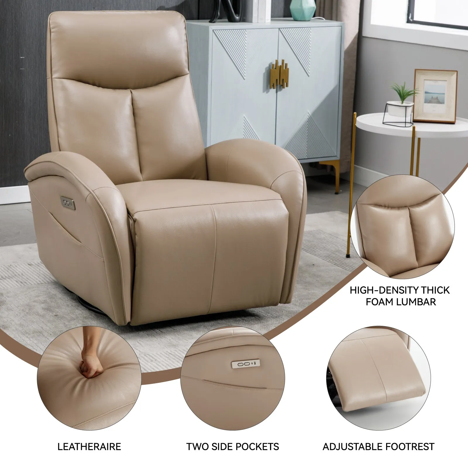 Vince Swivel and Rocker Power Recliner Chair - Light Brown