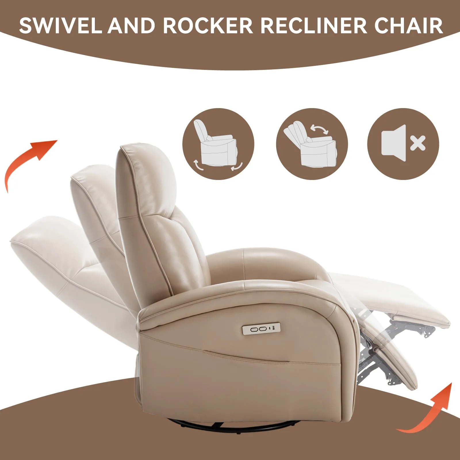 Vince Swivel and Rocker Power Recliner Chair - Light Brown