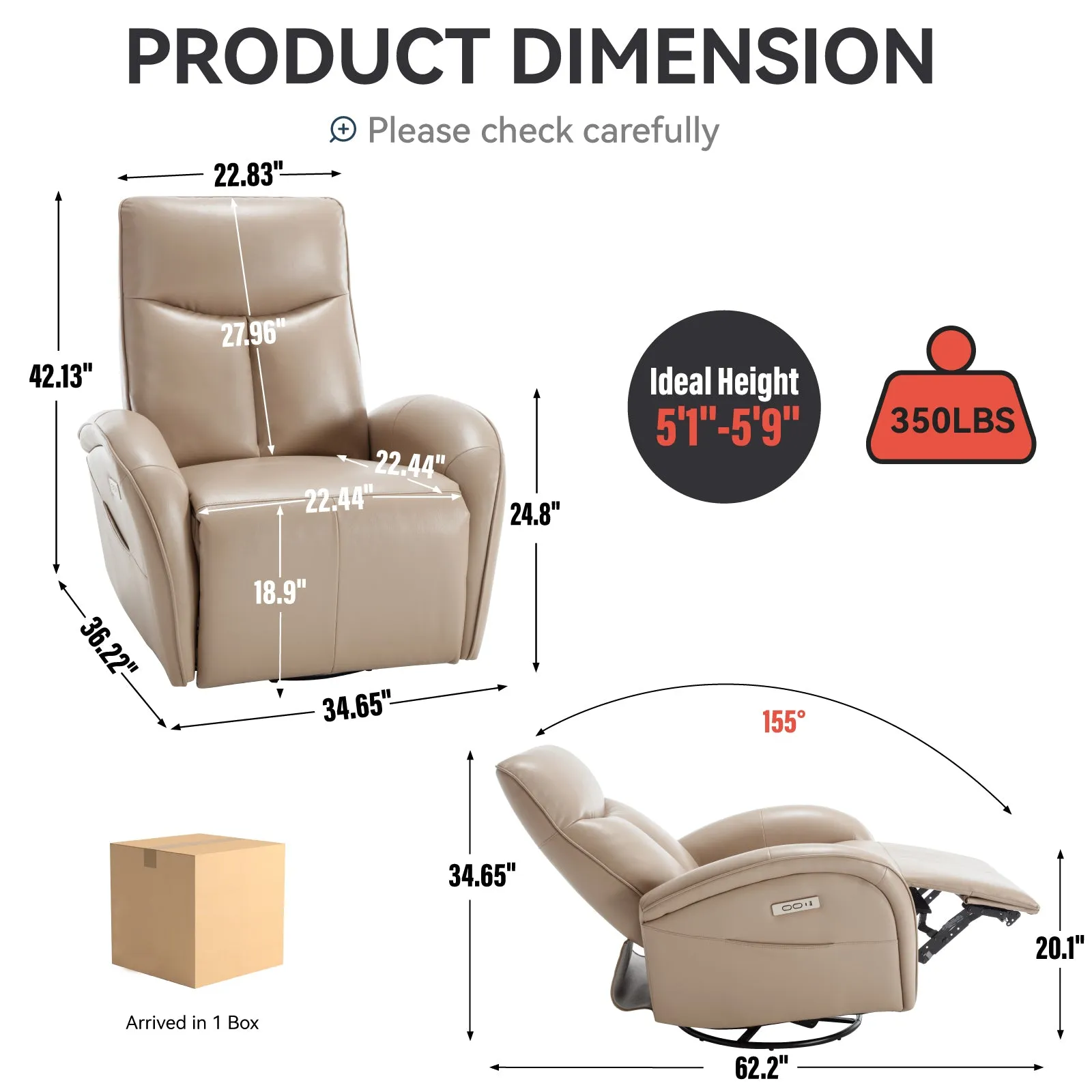 Vince Swivel and Rocker Power Recliner Chair - Light Brown