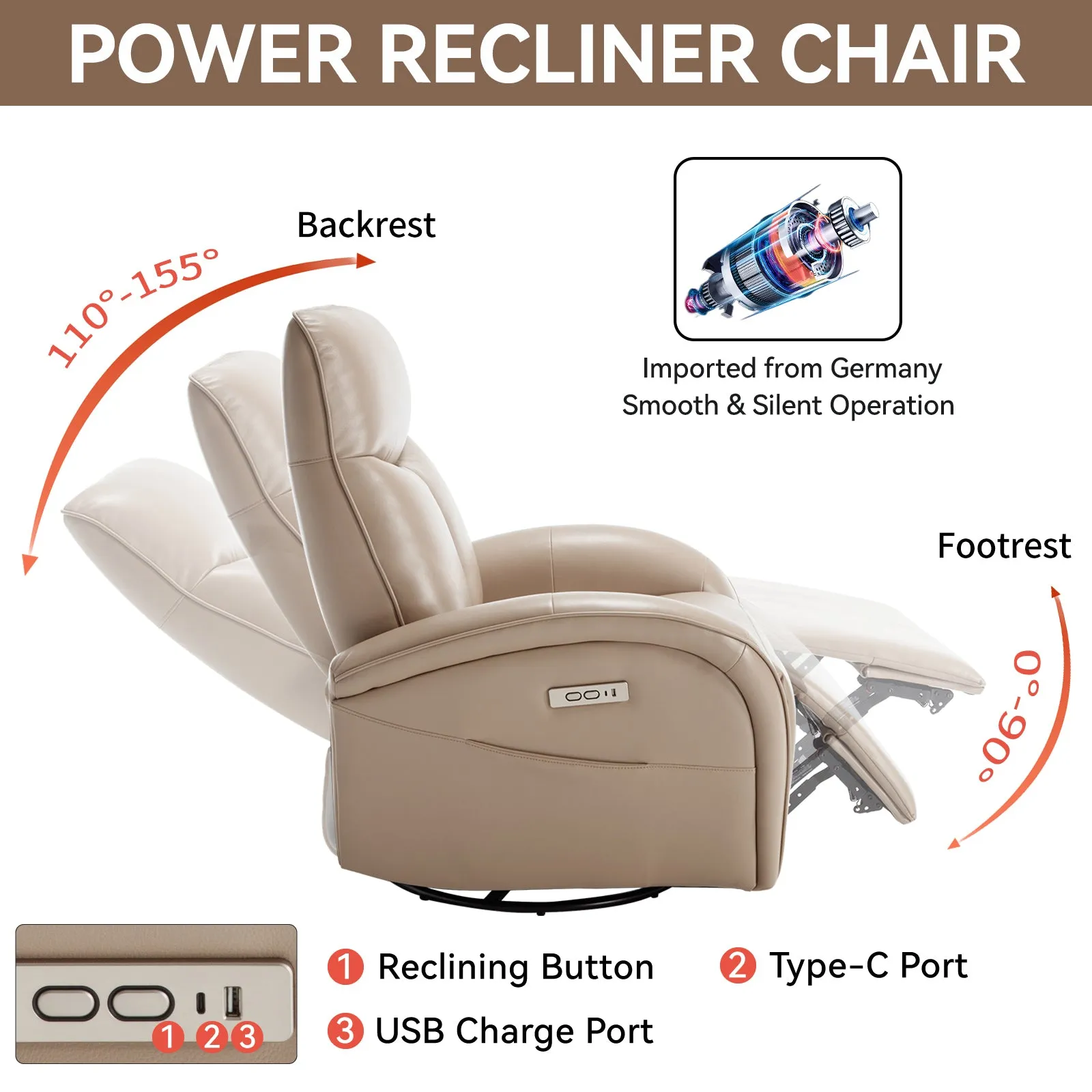 Vince Swivel and Rocker Power Recliner Chair - Light Brown