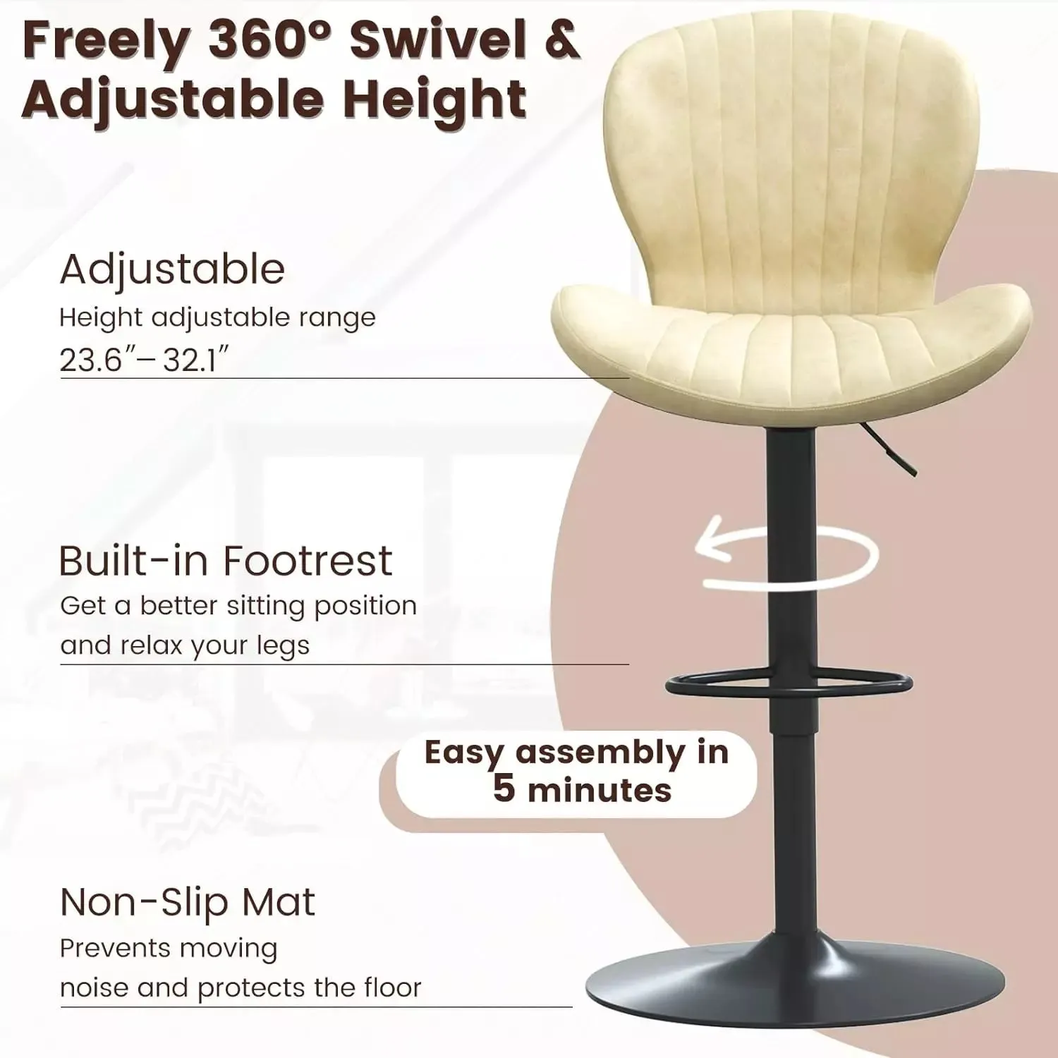 Waleaf Modern Adjustable Bar Stools,Leather Upholstered Swivel Counter Stools BAR06
