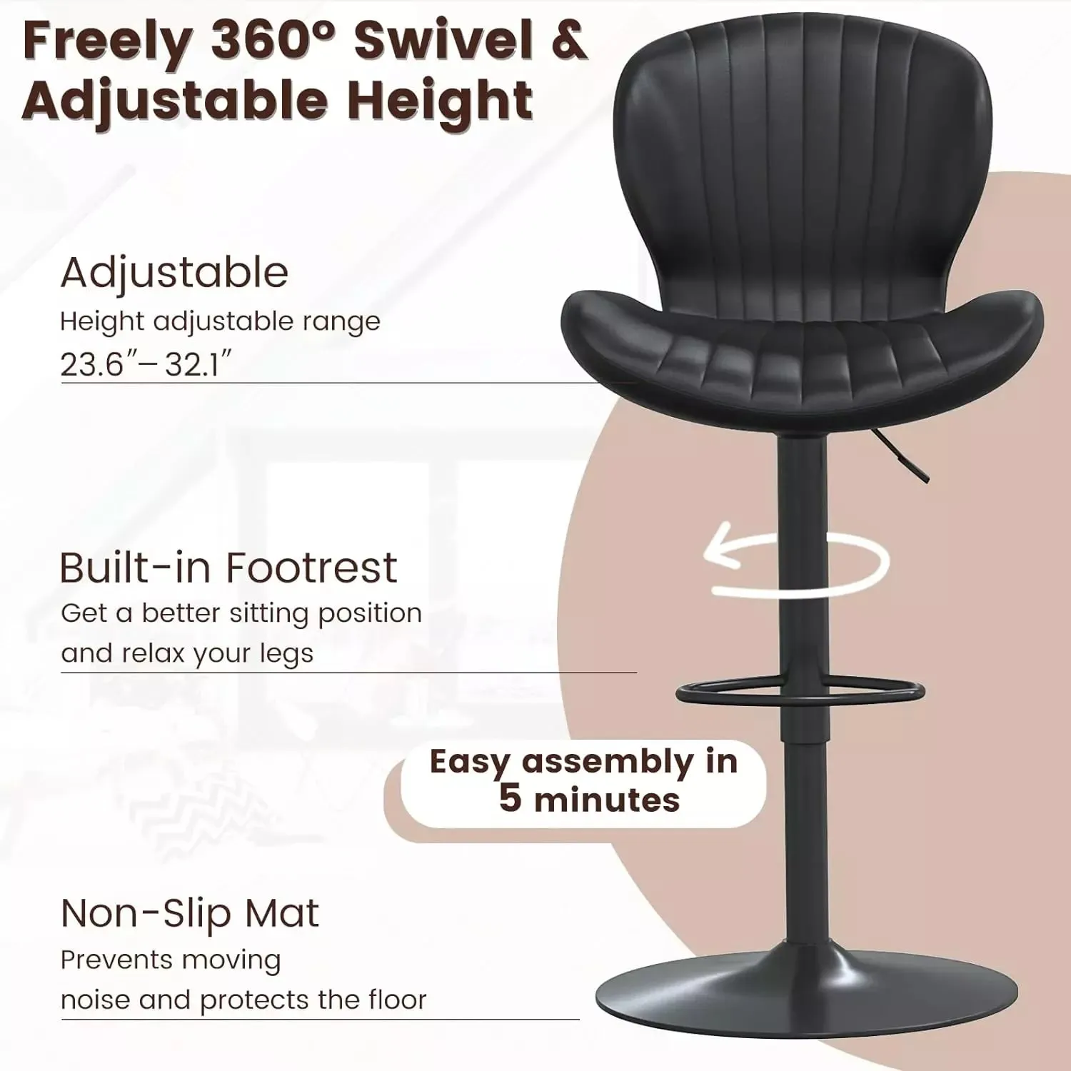 Waleaf Modern Adjustable Bar Stools,Leather Upholstered Swivel Counter Stools BAR06